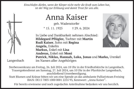 Traueranzeige von Anna Kaiser von merkurtz