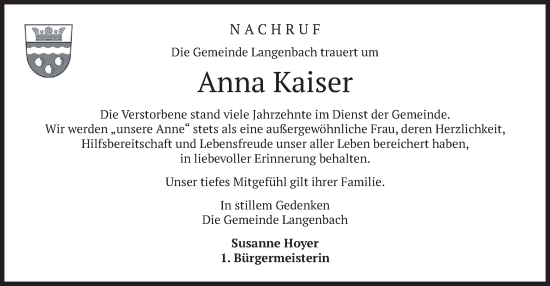 Traueranzeige von Anna Kaiser von merkurtz