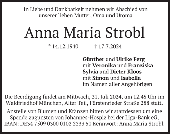 Traueranzeige von Anna Maria Strobl von merkurtz