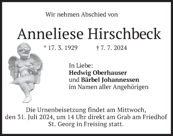 Traueranzeige von Anneliese Hirschbeck von merkurtz