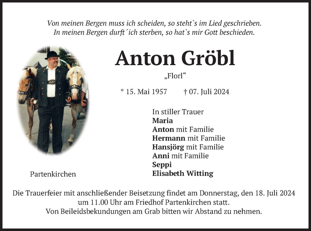  Traueranzeige für Anton Gröbl vom 13.07.2024 aus merkurtz