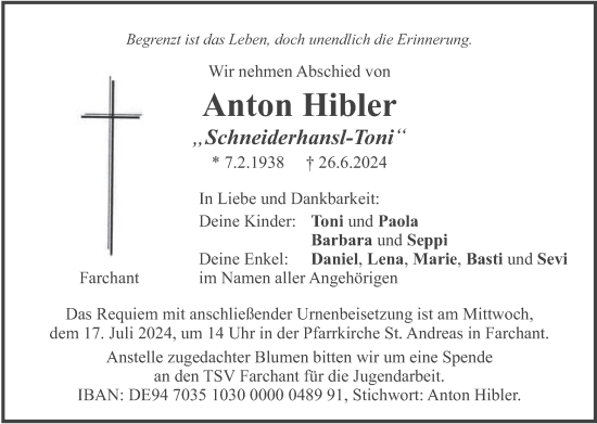 Traueranzeige von Anton Hibler von merkurtz