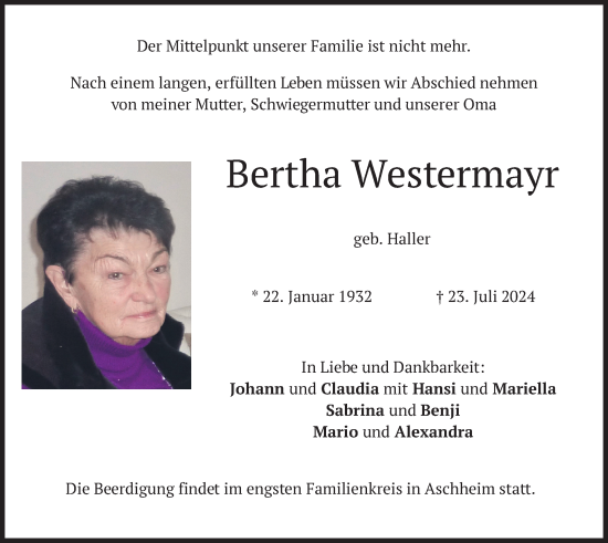 Traueranzeige von Bertha Westermayr von merkurtz