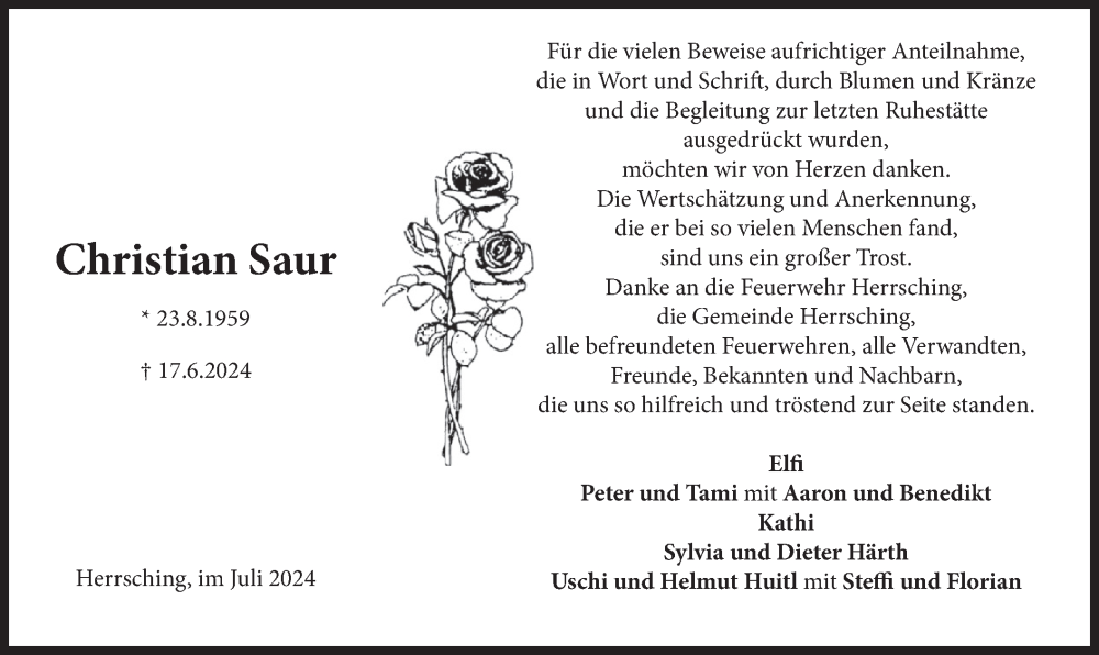  Traueranzeige für Christian Saur vom 20.07.2024 aus merkurtz