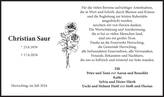 Traueranzeige von Christian Saur von merkurtz