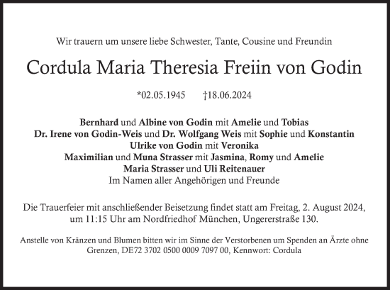Traueranzeige von Cordula Maria Theresia Freiin von Godin von merkurtz