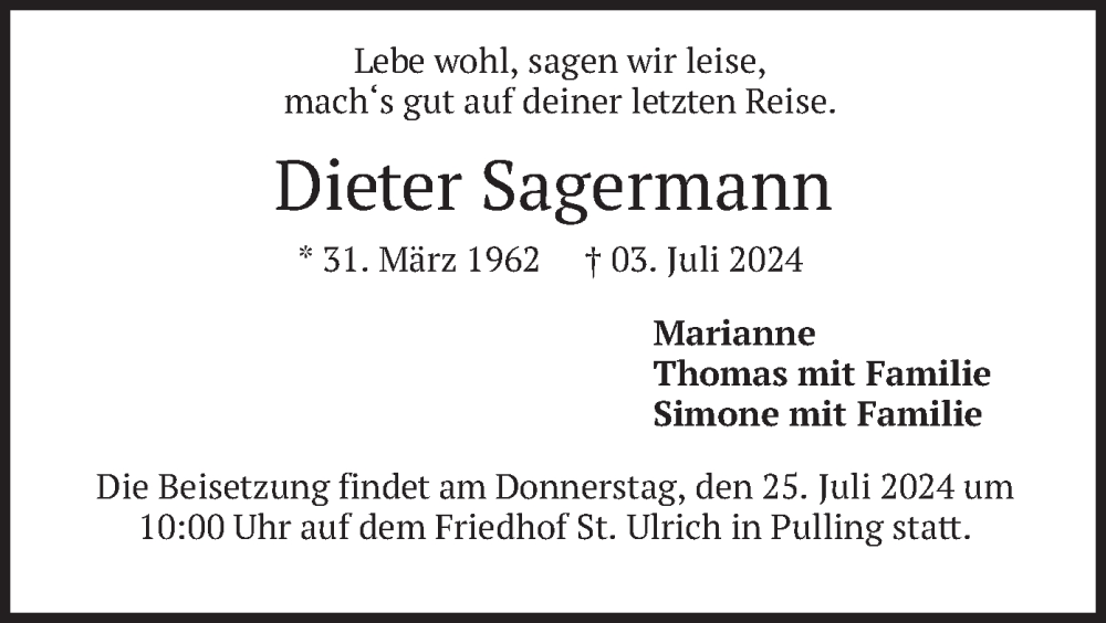  Traueranzeige für Dieter Sagermann vom 18.07.2024 aus merkurtz