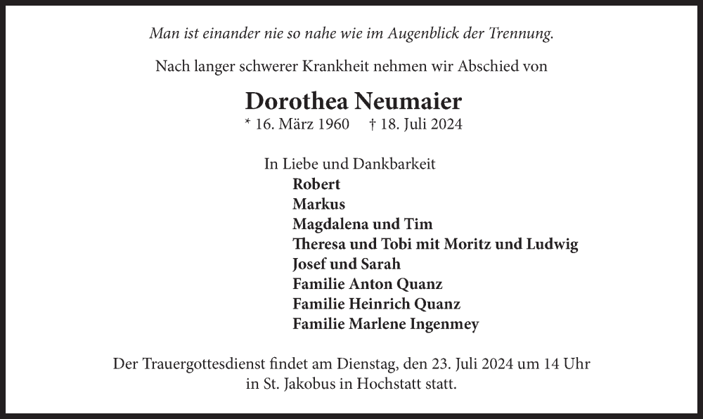  Traueranzeige für Dorothea Neumaier vom 23.07.2024 aus merkurtz