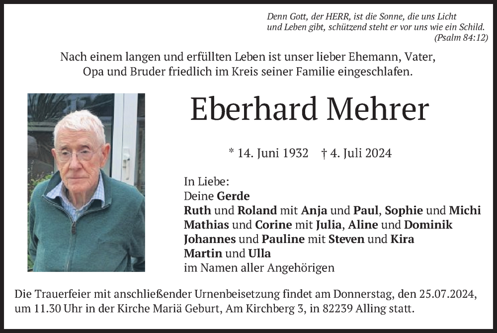  Traueranzeige für Eberhard Mehrer vom 13.07.2024 aus merkurtz