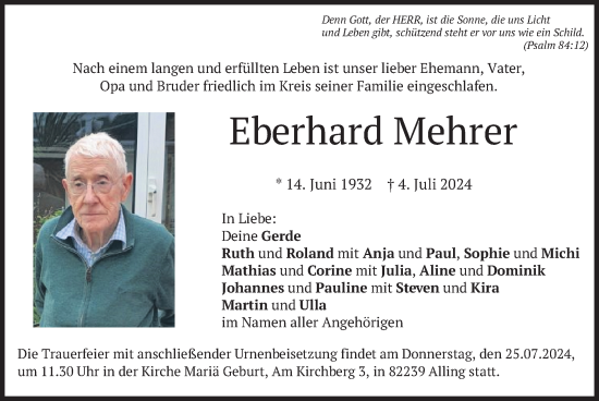 Traueranzeige von Eberhard Mehrer von merkurtz