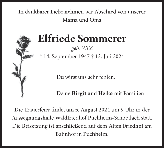 Traueranzeige von Elfriede Sommerer von merkurtz