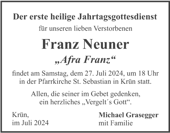 Traueranzeige von Franz Neuner von merkurtz