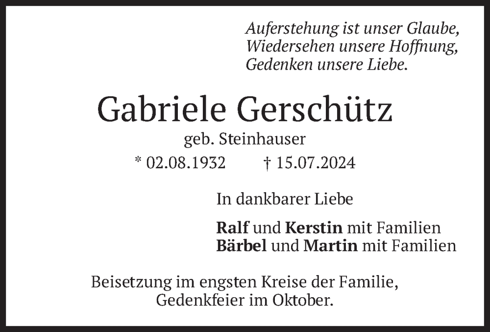  Traueranzeige für Gabriele Gerschütz vom 22.07.2024 aus merkurtz