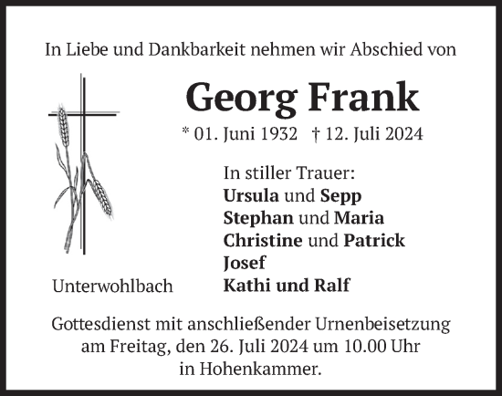 Traueranzeige von Georg Frank von merkurtz