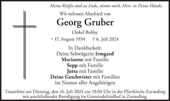 Traueranzeige von Georg Gruber von merkurtz