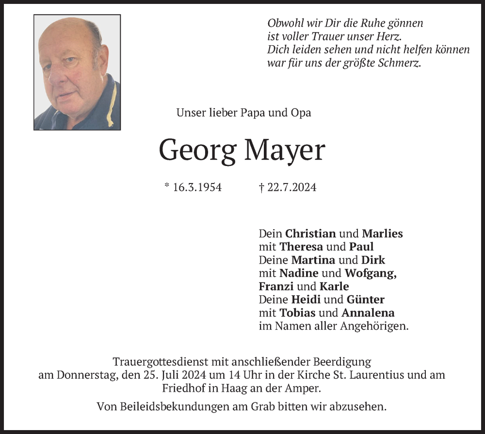  Traueranzeige für Georg Mayer vom 23.07.2024 aus merkurtz