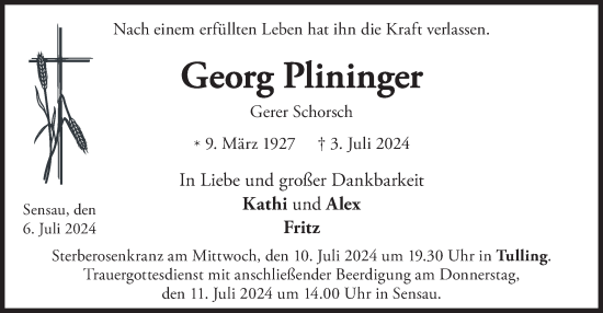 Traueranzeige von Georg Plininger von merkurtz