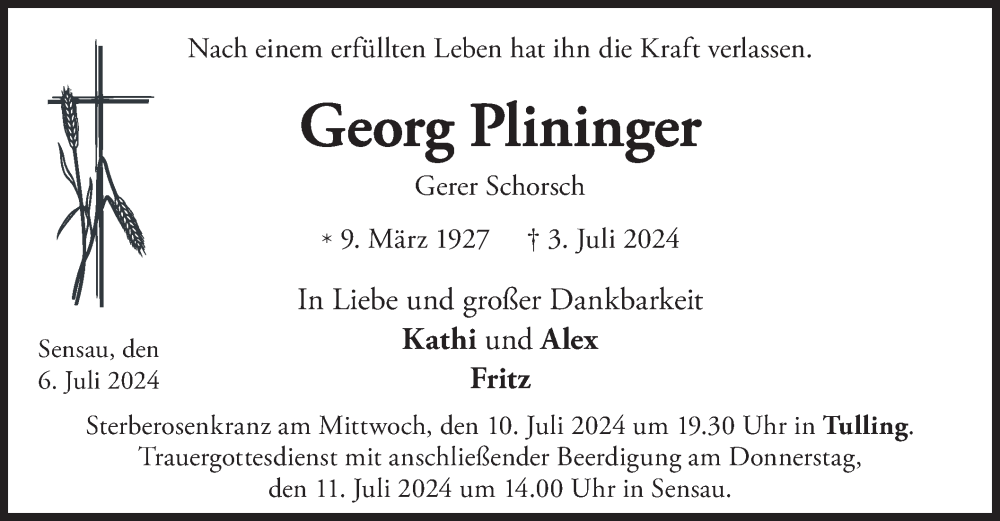  Traueranzeige für Georg Plininger vom 06.07.2024 aus merkurtz