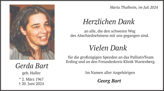 Traueranzeige von Gerda Bart von merkurtz