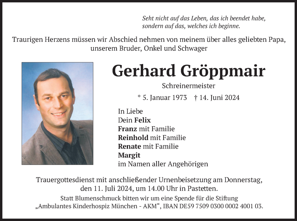  Traueranzeige für Gerhard Gröppmair vom 06.07.2024 aus merkurtz