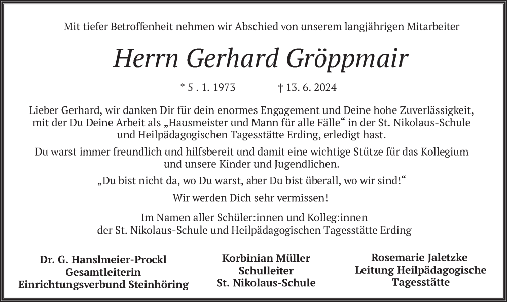  Traueranzeige für Gerhard Gröppmair vom 06.07.2024 aus merkurtz