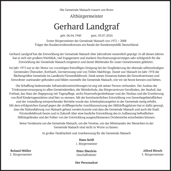 Traueranzeige von Gerhard Landgraf von merkurtz