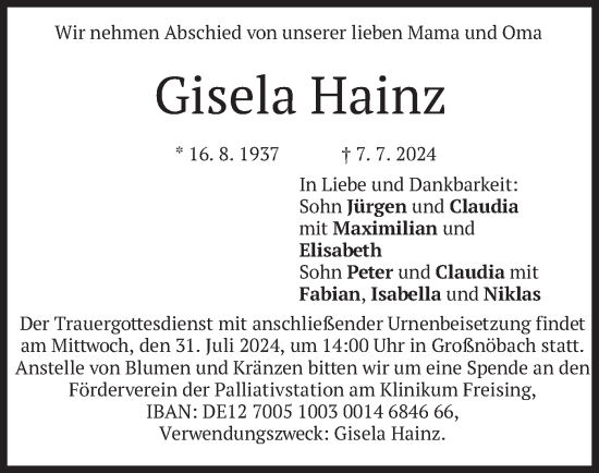 Traueranzeige von Gisela Hainz von merkurtz