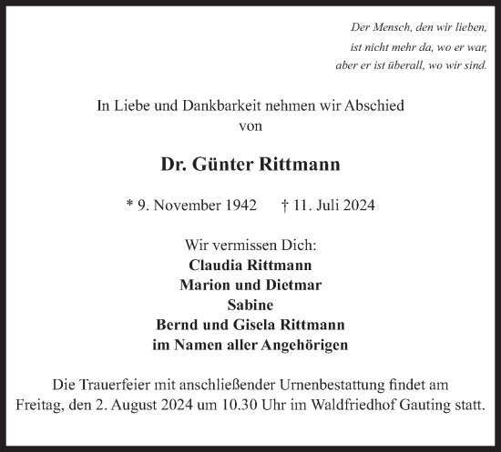Traueranzeige von Günter Rittmann von merkurtz