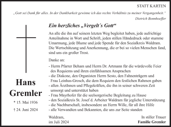 Traueranzeige von Hans Gremler von merkurtz