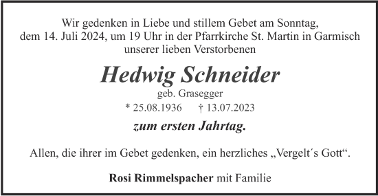 Traueranzeige von Hedwig Schneider von merkurtz