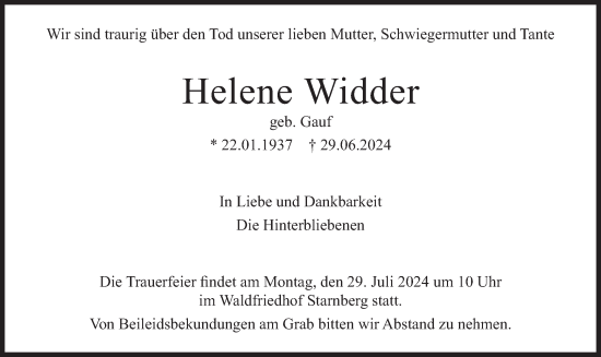 Traueranzeige von Helene Widder von merkurtz