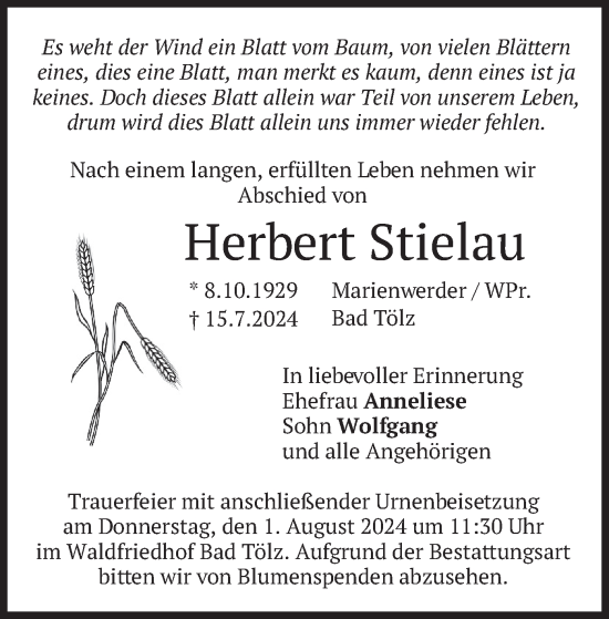 Traueranzeige von Herbert Stielau von merkurtz
