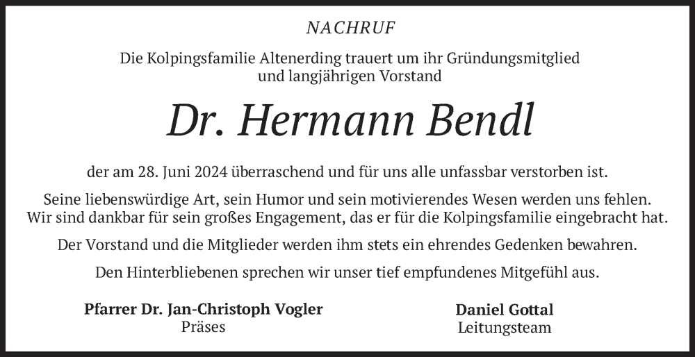  Traueranzeige für Hermann Bendl vom 06.07.2024 aus merkurtz