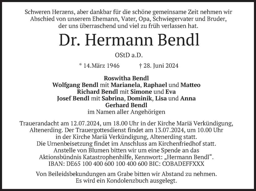  Traueranzeige für Hermann Bendl vom 06.07.2024 aus merkurtz