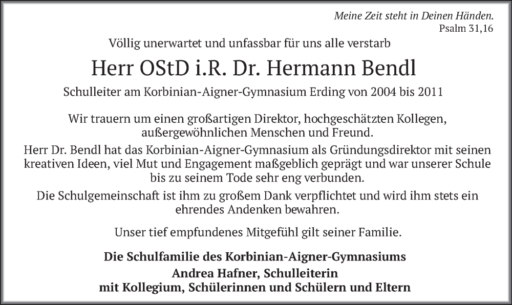  Traueranzeige für Hermann Bendl vom 06.07.2024 aus merkurtz