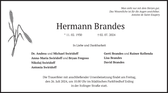 Traueranzeige von Hermann Brandes von merkurtz