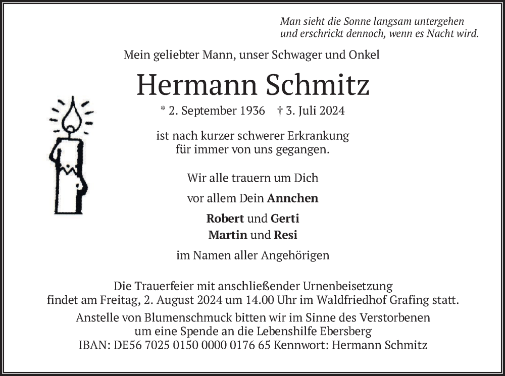  Traueranzeige für Hermann Schmitz vom 27.07.2024 aus merkurtz