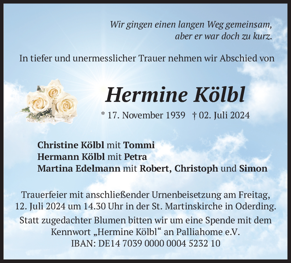  Traueranzeige für Hermine Kölbl vom 06.07.2024 aus merkurtz