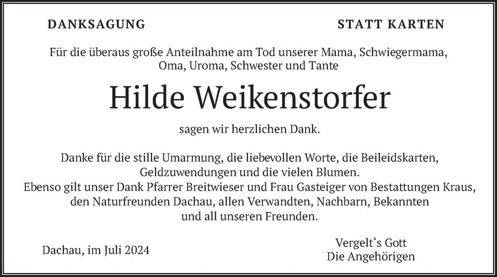  Traueranzeige für Hilde Weikenstorfer vom 13.07.2024 aus merkurtz