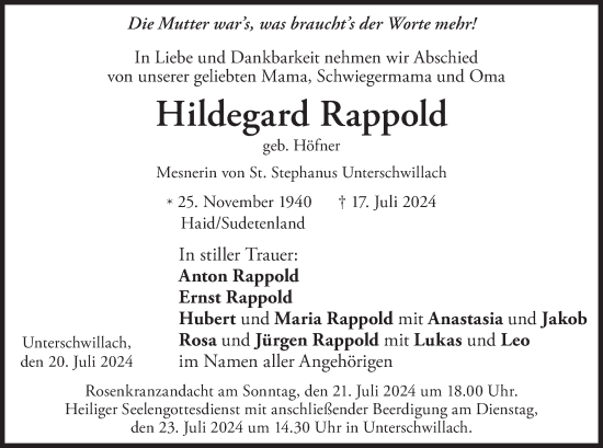 Traueranzeige von Hildegard Rappold von merkurtz