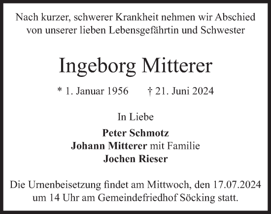 Traueranzeige von Ingeborg Mitterer von merkurtz