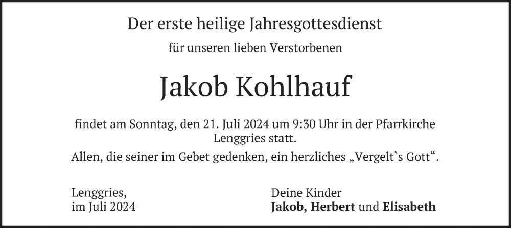  Traueranzeige für Jakob Kohlhauf vom 19.07.2024 aus merkurtz