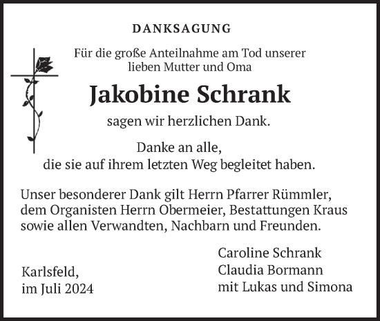 Traueranzeige von Jakobine Schrank von merkurtz