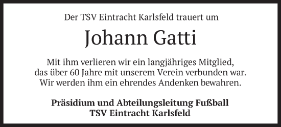 Traueranzeige von Johann Gatti von merkurtz