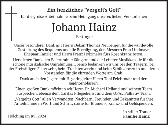 Traueranzeige von Johann Hainz von merkurtz