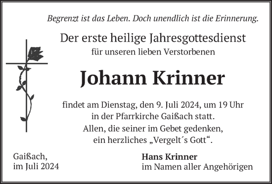 Traueranzeige von Johann Krinner von merkurtz