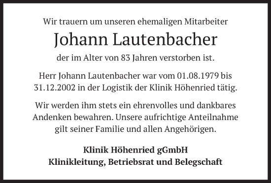 Traueranzeige von Johann Lautenbacher von merkurtz