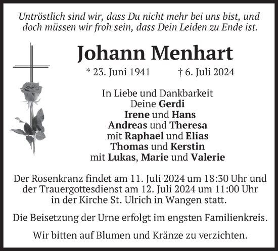 Traueranzeige von Johann Menhart von merkurtz