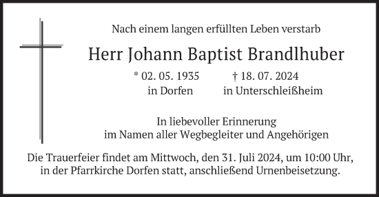 Traueranzeige von Johann Baptist Brandlhuber von merkurtz
