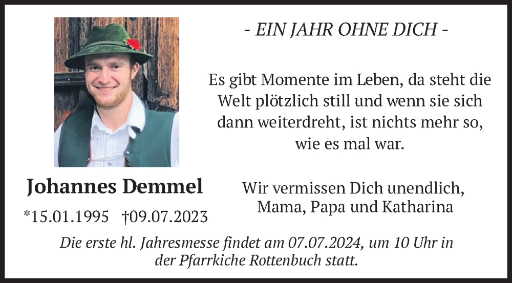  Traueranzeige für Johannes Demmel vom 06.07.2024 aus merkurtz